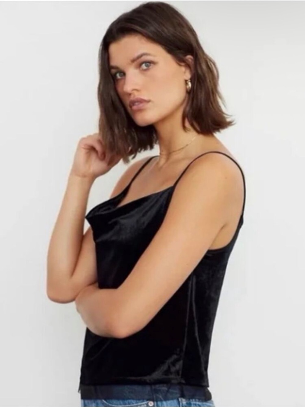Anthropologie Maeve Halsey Velvet Cowl-Neck Tank Cami Black S